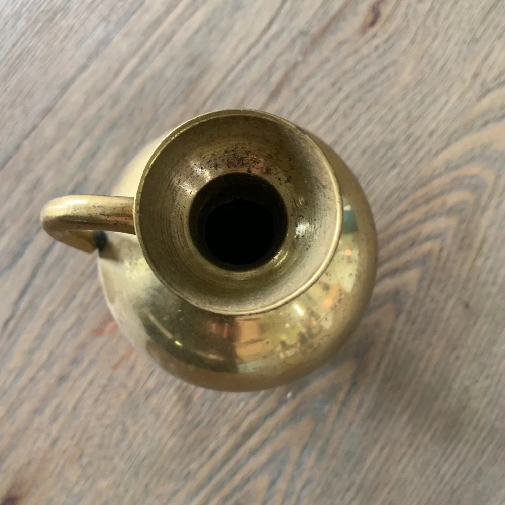Vintage Brass Bud Vase Small Round Pitcher Handle Gold Decor Made in India 4.5in